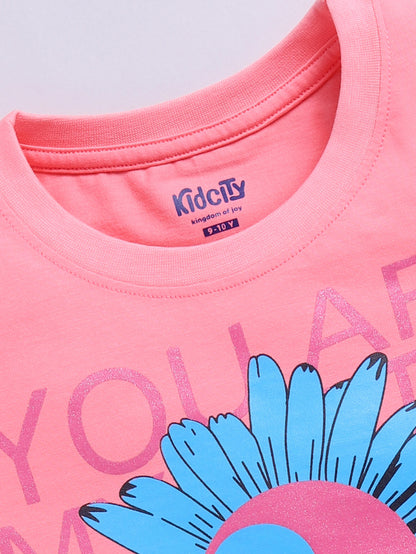 Kidcity Girls  Soft Cotton Sinker Half Sleeve Floral and Text Print  Tops - Fusia Pink