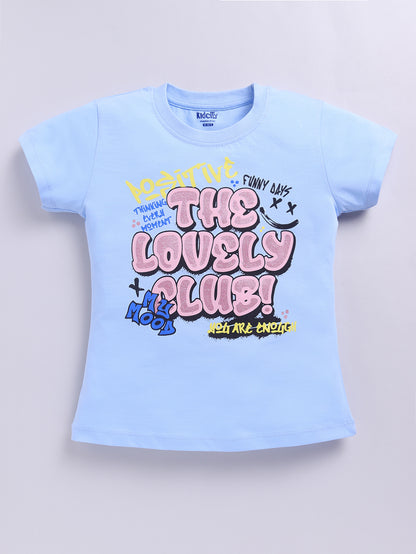 Kidcity Girls  Soft Cotton Sinker Half Sleeve Text Print  Tops - Light Blue