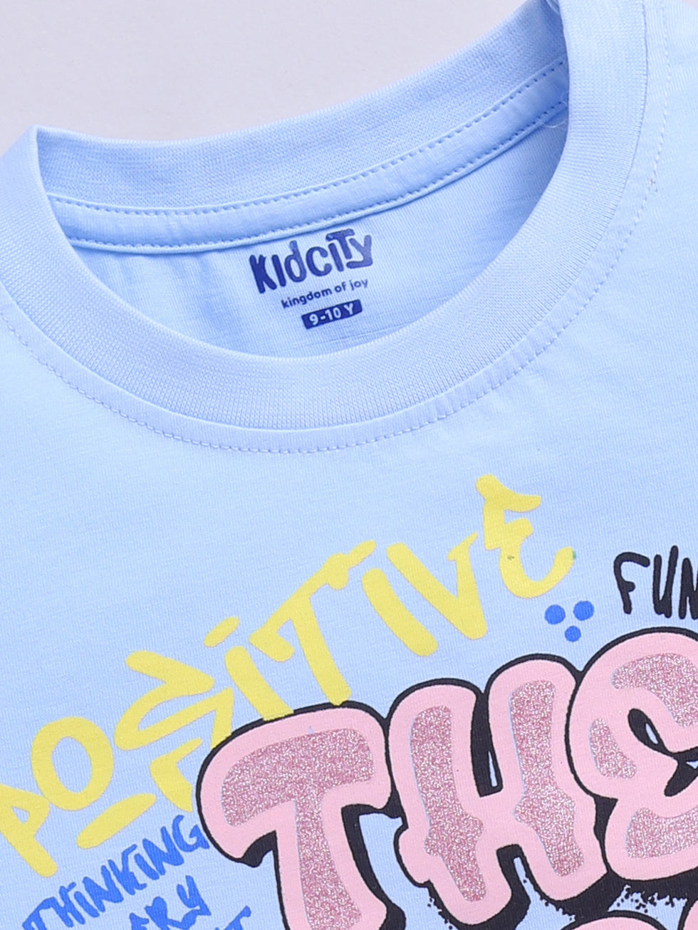 Kidcity Girls  Soft Cotton Sinker Half Sleeve Text Print  Tops - Light Blue