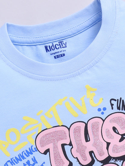 Kidcity Girls  Soft Cotton Sinker Half Sleeve Text Print  Tops - Light Blue