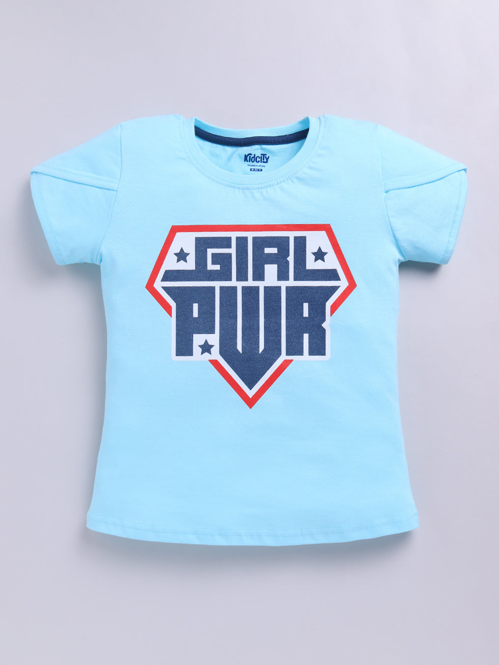 Half Sleeve Girl PWR Text and Star Print Tops