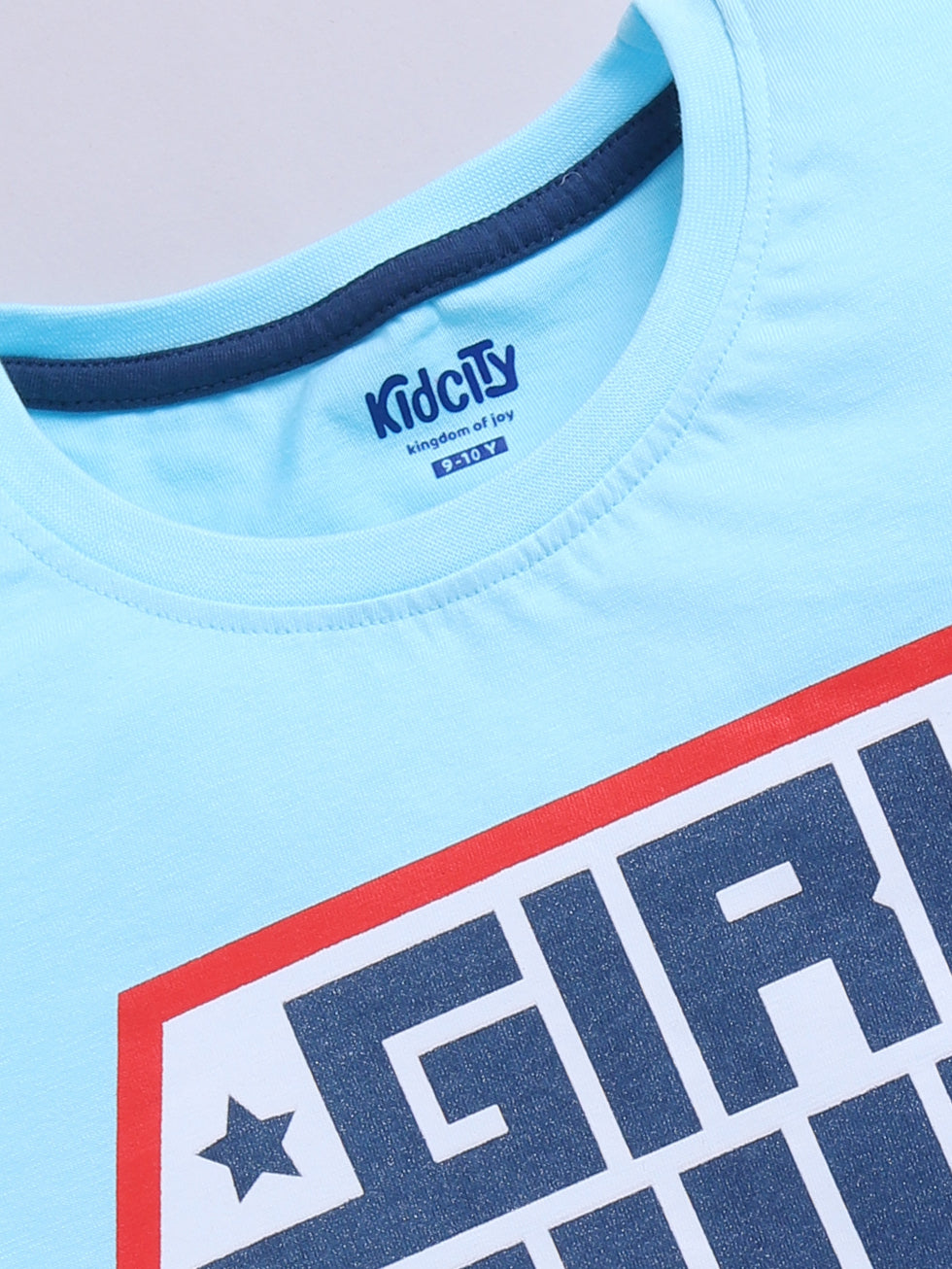 Half Sleeve Girl PWR Text and Star Print Tops