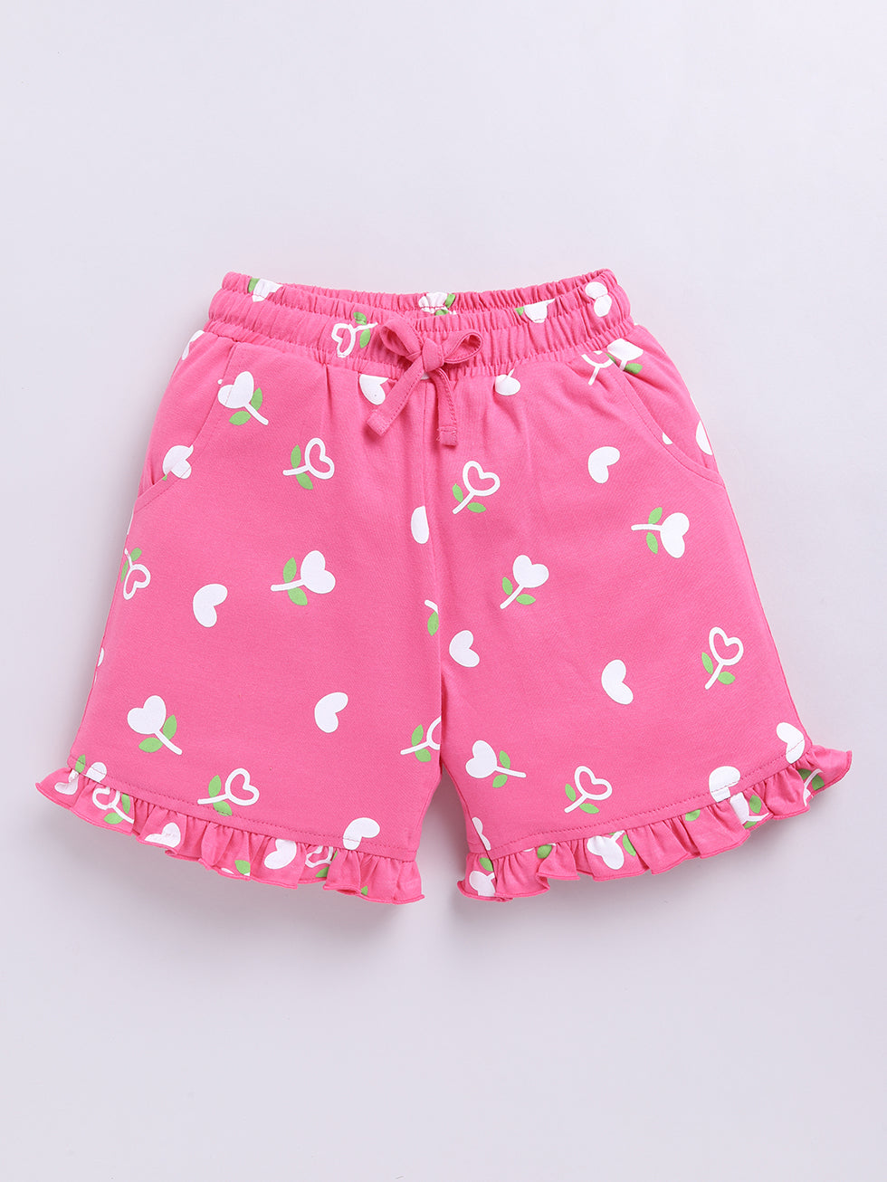 Kidcity Girls  Soft Cotton Sinker Heart and Flower Print Shorts - Light Pink