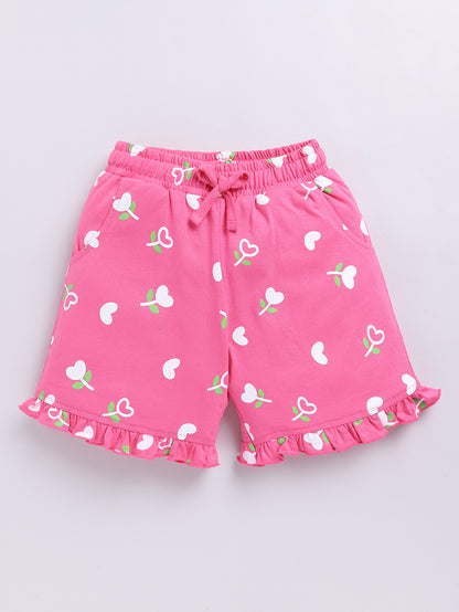 Kidcity Girls  Soft Cotton Sinker Heart and Flower Print Shorts - Light Pink