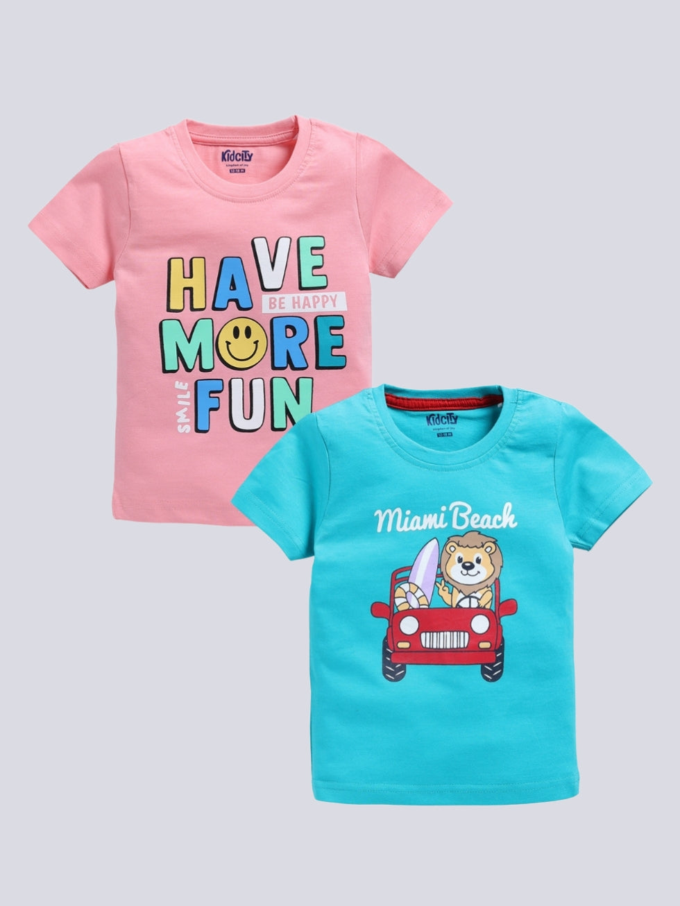 Kidcity Boy's Basic T-Shirt Combo Set (Pack of 2) | Cotton Sinker T-Shirts | Boy's Casual T-Shirts | Baby Pink, Blue T-Shirts Combo Front View
