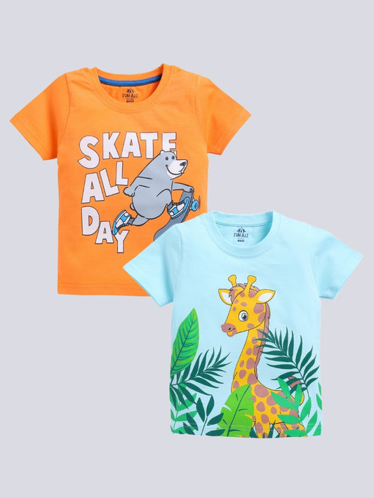 Kidcity Boy's Basic T-Shirt Combo Set (Pack of 2) | Cotton Sinker T-Shirts | Boy's Casual T-Shirts |  Orange, Sky Blue T-Shirts Combo Front View