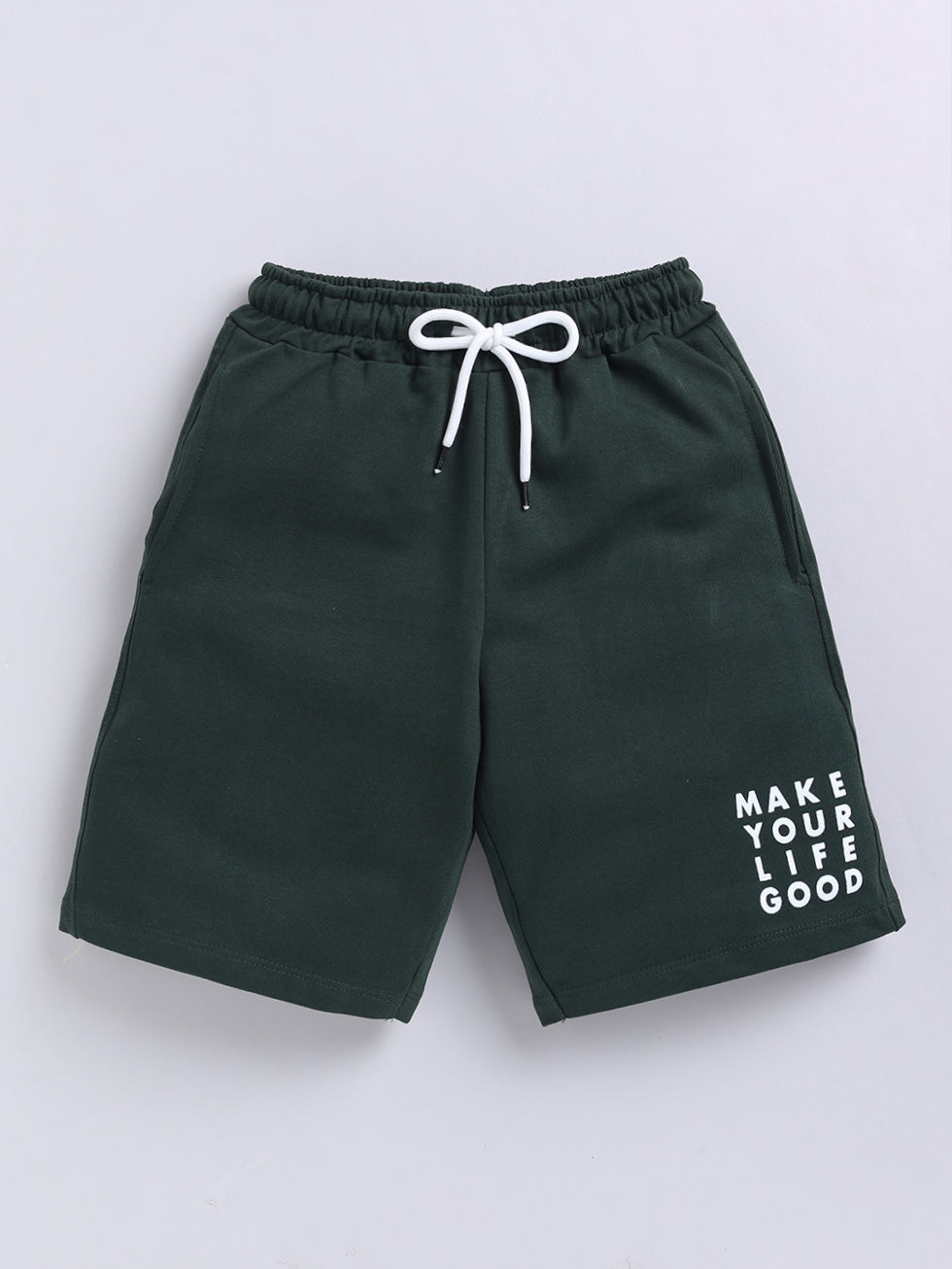 Kidcity Boys Cotton Loopknit Text Casual Shorts - Bottle Green Front View