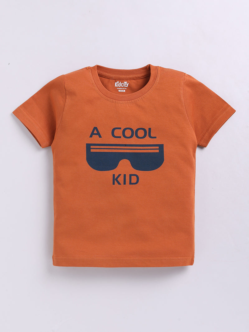Kidcity Boys Cotton Sinker A Cool Kid Sunglasses Graphic Half Sleeves T-Shirts - Rust Front View