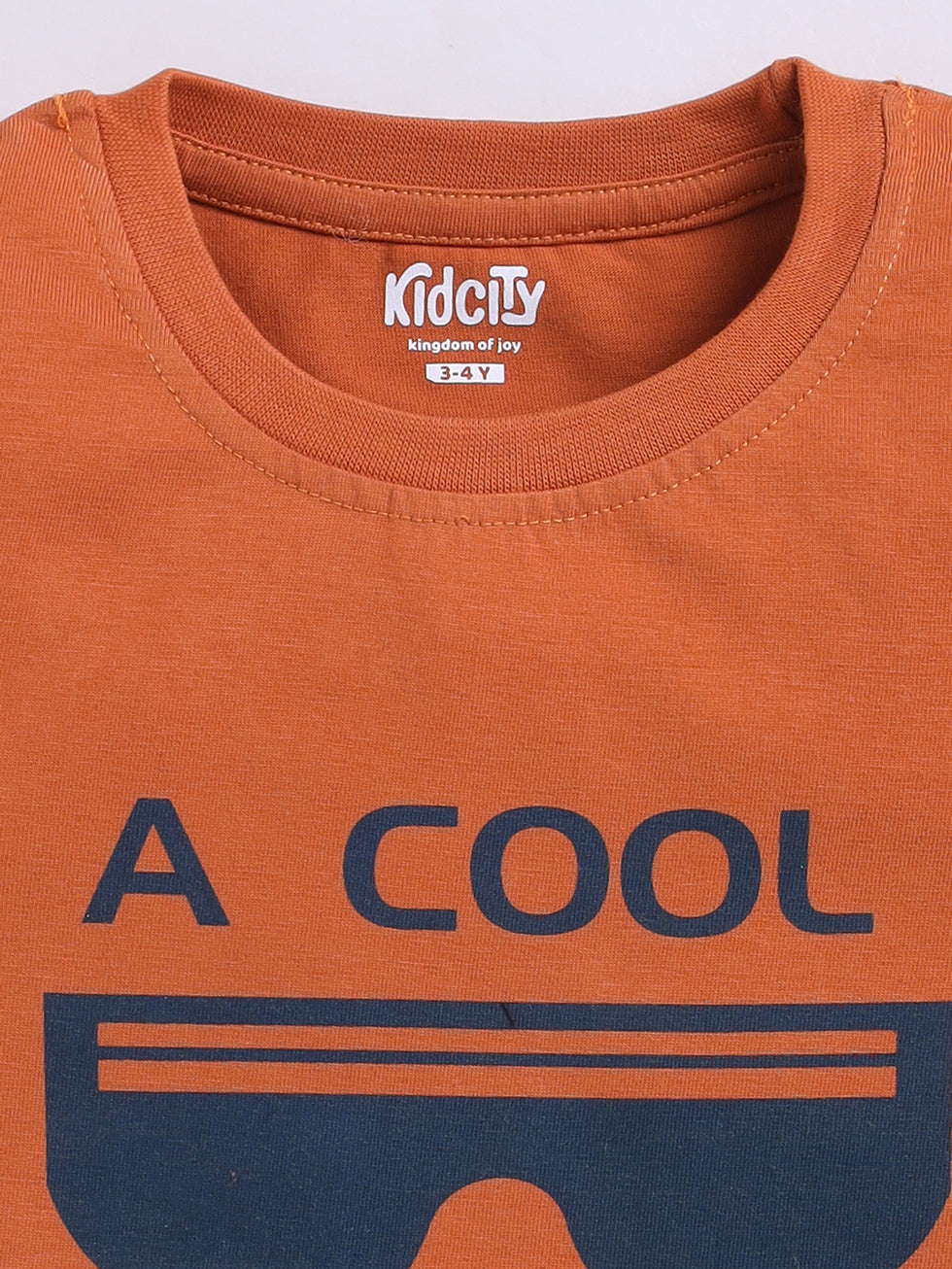 Kidcity Boys Cotton Sinker A Cool Kid Sunglasses Graphic Half Sleeves T-Shirts - Rust Zoom View