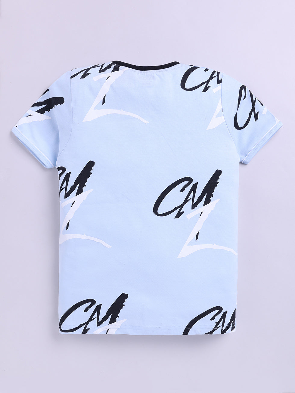 Kidcity Boys Cotton Sinker Be Strong CMZ Text Allover Print Half Sleeves T-Shirts - Sky Blue Back Vew