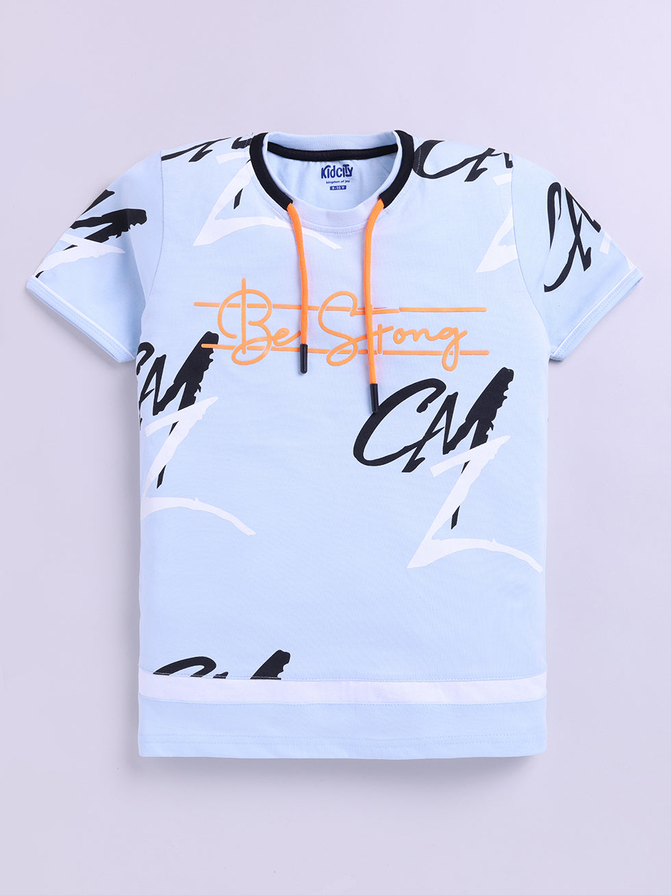 Kidcity Boys Cotton Sinker Be Strong CMZ Text Allover Print Half Sleeves T-Shirts - Sky Blue Front View