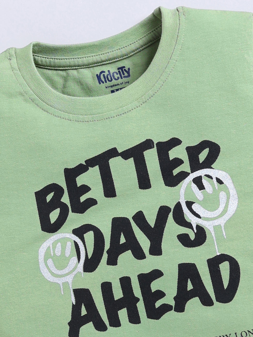Kidcity Boys Cotton Sinker Better Days Ahead Text Print Half Sleeves T-Shirts - Olive Green Zoom View