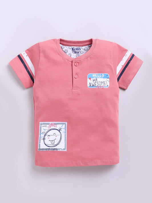 Kidcity Boys Cotton Sinker Cartoon Graphic Henley Half Sleeves T-Shirts - Peach front view