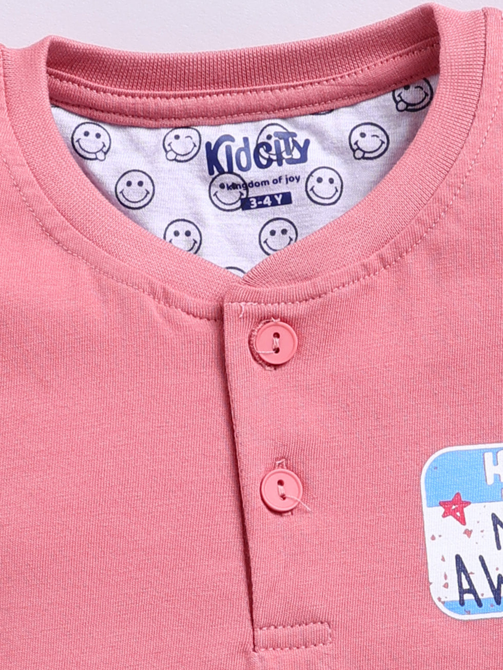 Kidcity Boys Cotton Sinker Cartoon Graphic Henley Half Sleeves T-Shirts - Peach zoom view