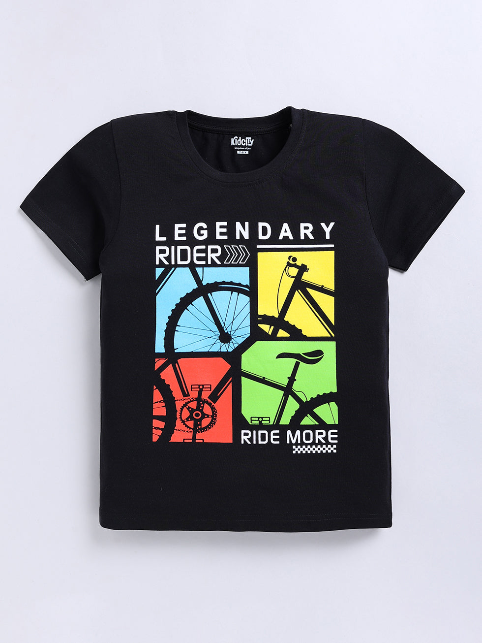 Kidcity Boys Cotton Sinker Cycle Graphic & Legendary Rider Text Print Half Sleeves T-Shirts - Black Front View