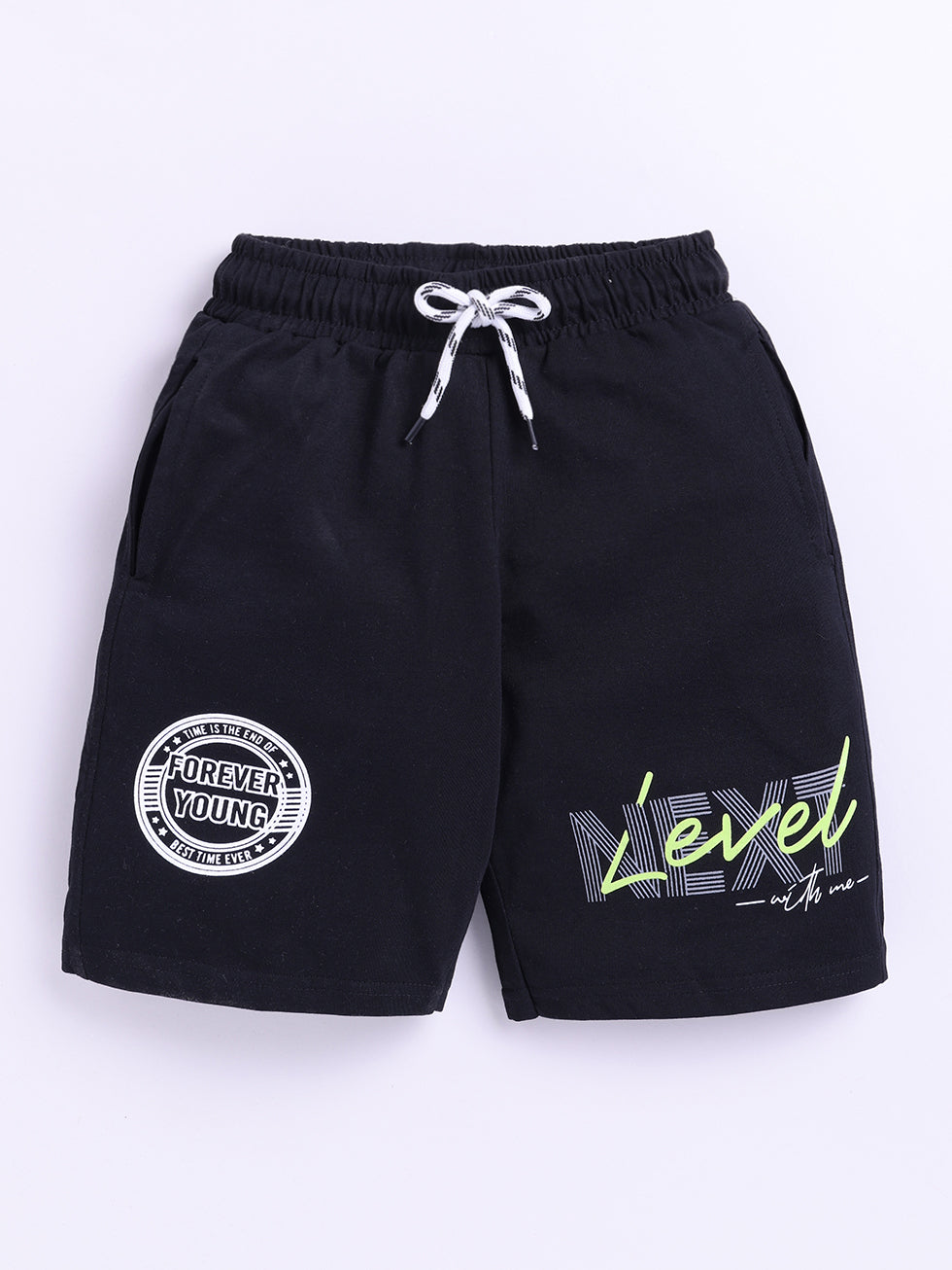 Kidcity Boys Cotton Sinker Forever Young Next Level Text Print Shorts - Black Front View