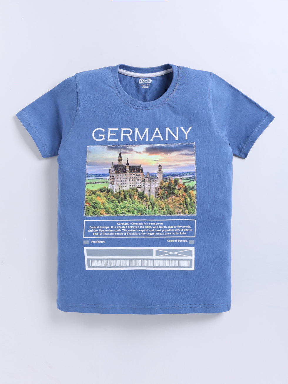 Kidcity Boys Cotton Sinker Germany Travel Text Print Half Sleeves T-Shirts - Light Blue Front View