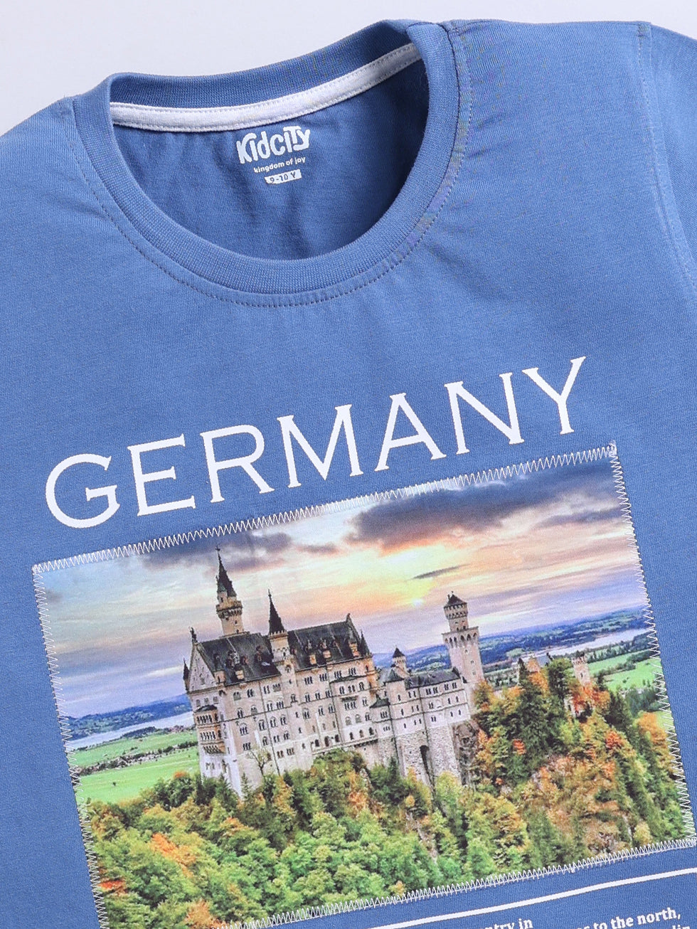 Kidcity Boys Cotton Sinker Germany Travel Text Print Half Sleeves T-Shirts - Light Blue Zoom View