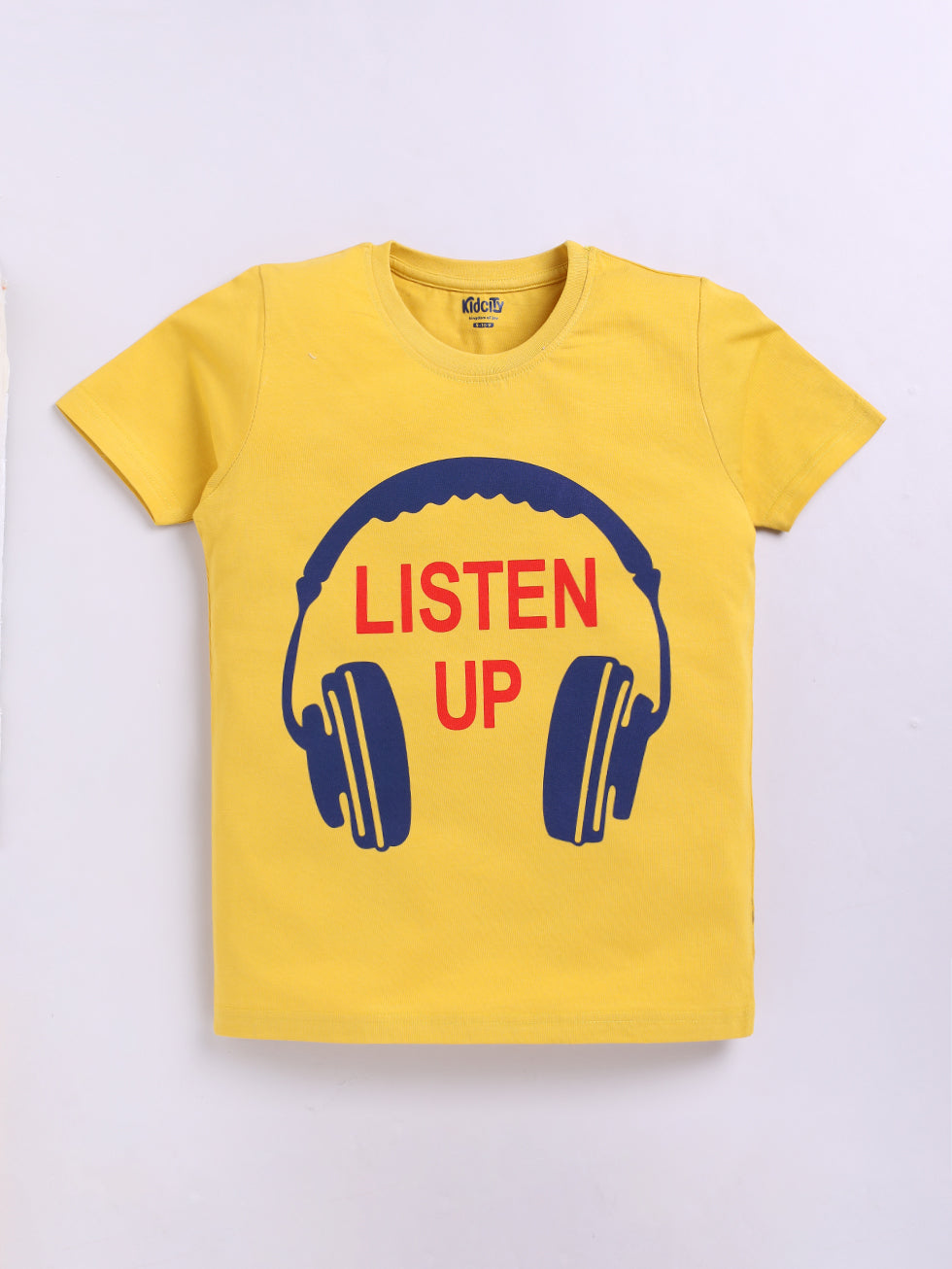 Kidcity Boys Cotton Sinker Listen Up Graphic Half Sleeves T-Shirts - Mustard Front View
