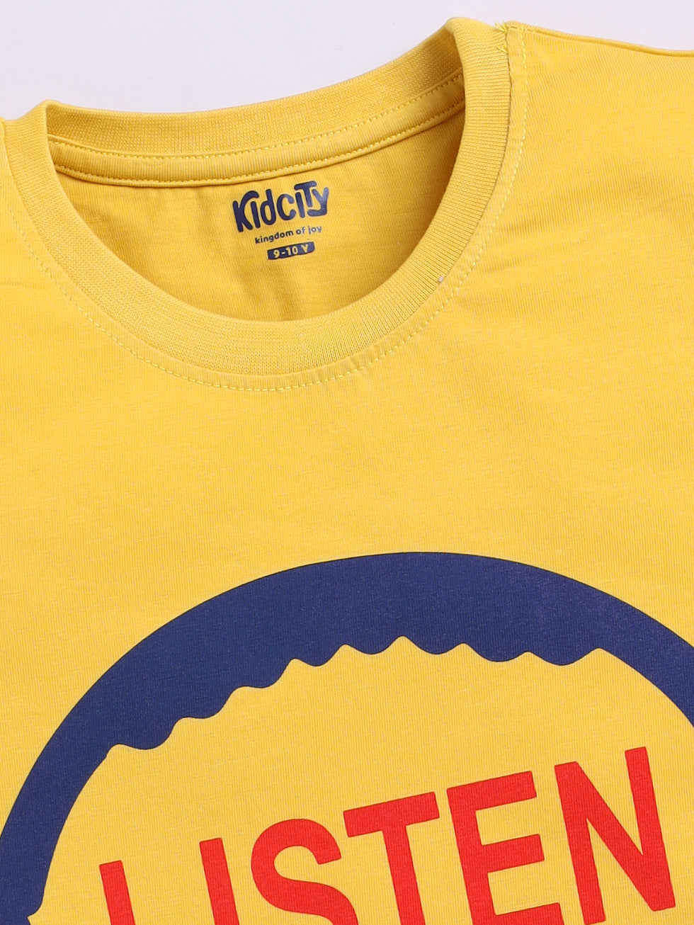 Kidcity Boys Cotton Sinker Listen Up Graphic Half Sleeves T-Shirts - Mustard Zoom View