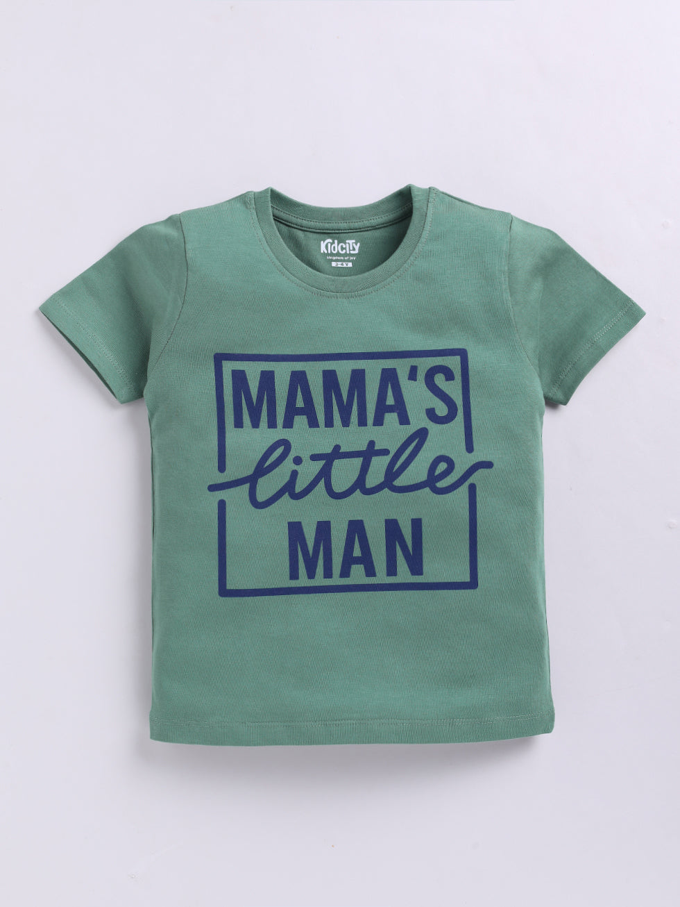 Kidcity Boys Cotton Sinker Mama's Little Man Graphic Half Sleeves T-Shirts - Green Front View