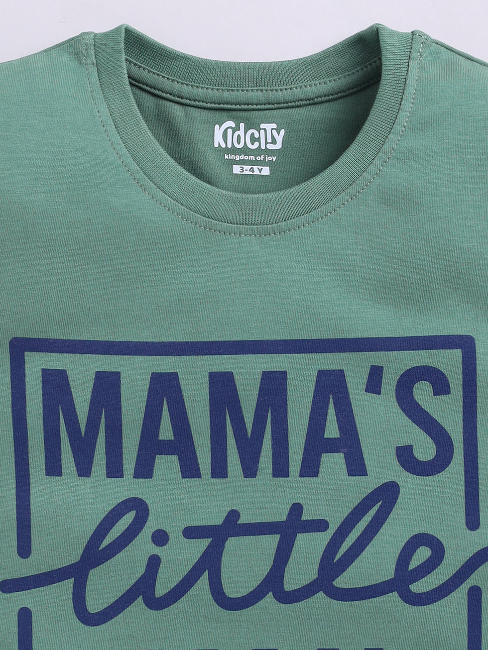 Kidcity Boys Cotton Sinker Mama's Little Man Graphic Half Sleeves T-Shirts - Green Zoom View