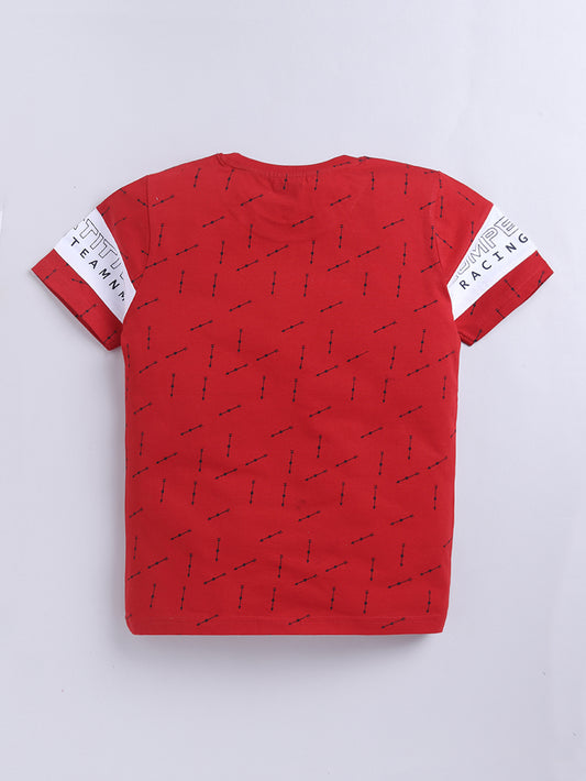 Kidcity Boys Cotton Sinker Racing Themed Race Tech Text and Arrow Bow Allover Print Half Sleeves T-Shirts - Red Back View