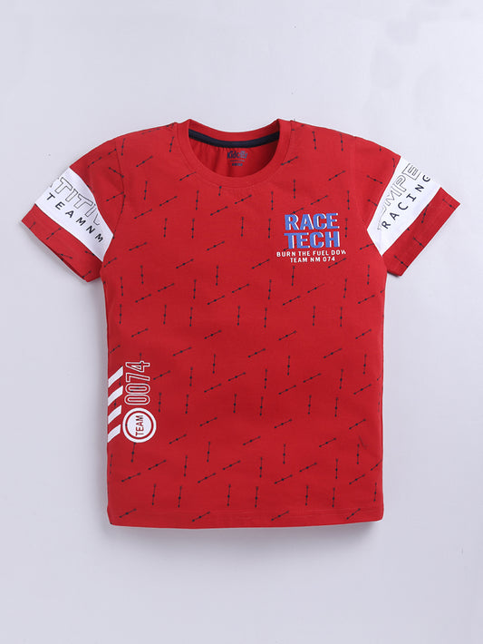 Kidcity Boys Cotton Sinker Racing Themed Race Tech Text and Arrow Bow Allover Print Half Sleeves T-Shirts - Red  Front View