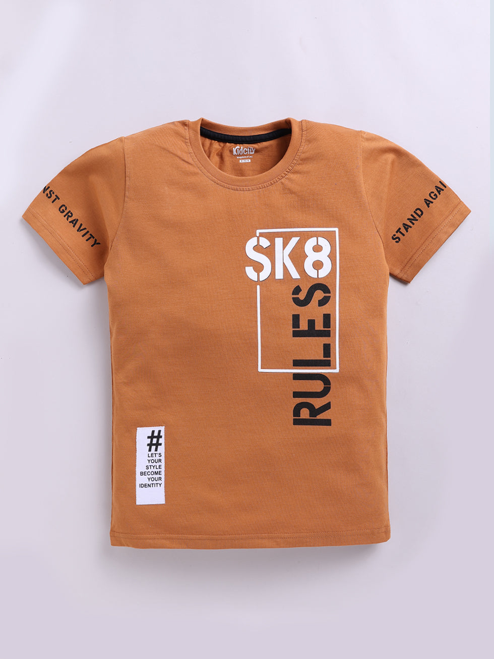Kidcity Boys Cotton Sinker SK8 Rules Graphic Half Sleeves T-Shirts - Brown Front View