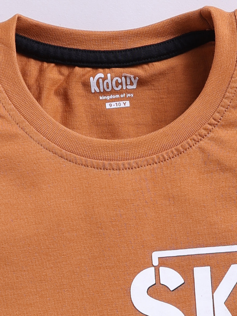Kidcity Boys Cotton Sinker SK8 Rules Graphic Half Sleeves T-Shirts - Brown Zoom View
