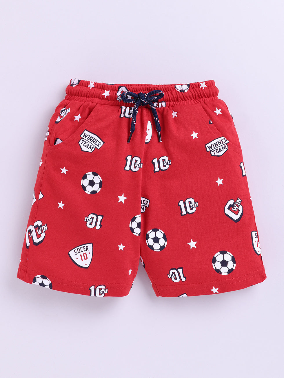 Kidcity Boys Cotton Sinker Soccer Allover Print Shorts - Red front view