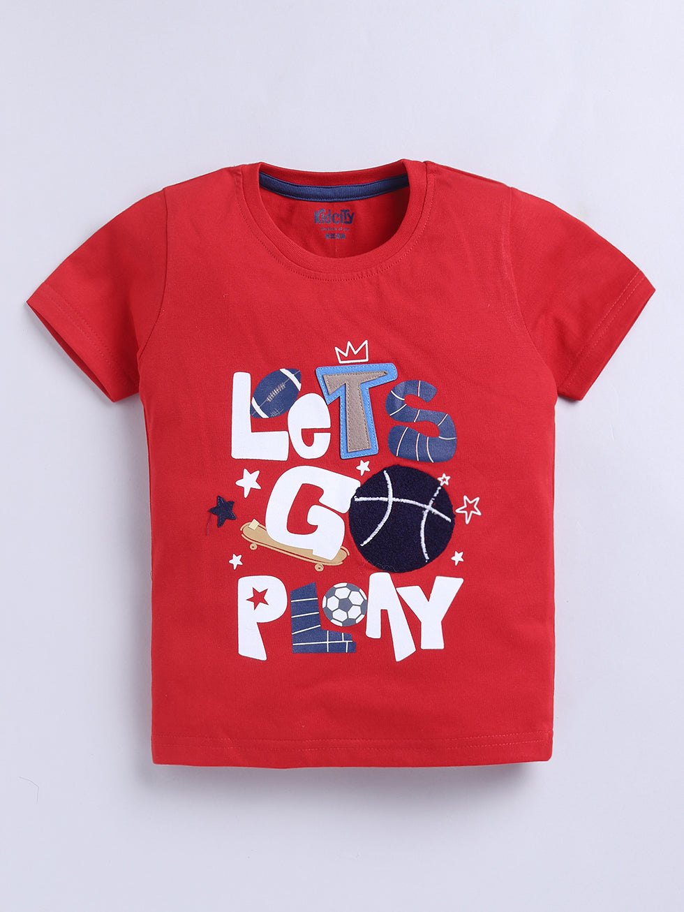 Kidcity Boys Cotton Sinker Sports Theme Lets Go Play Text Placement Print Half Sleeves T-Shirts - Red front view