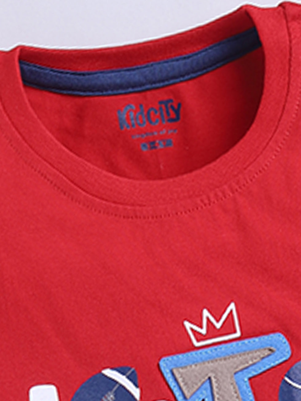 Kidcity Boys Cotton Sinker Sports Theme Lets Go Play Text Placement Print Half Sleeves T-Shirts - Red zoom view