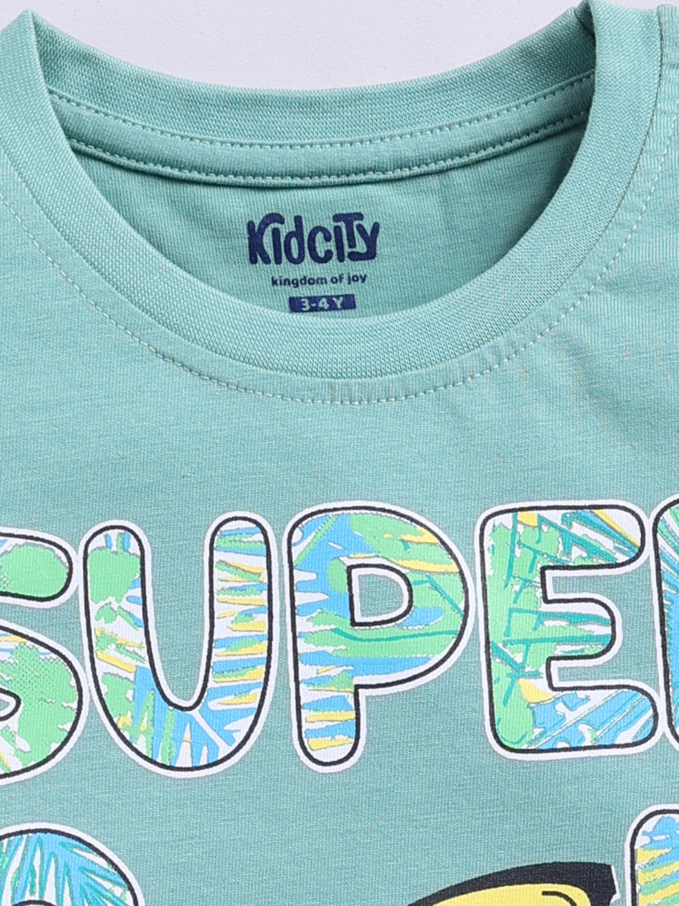 Kidcity Boys Cotton Sinker Super Cool Dude Graphic Half Sleeves T-Shirts - Olive Green Zoom View