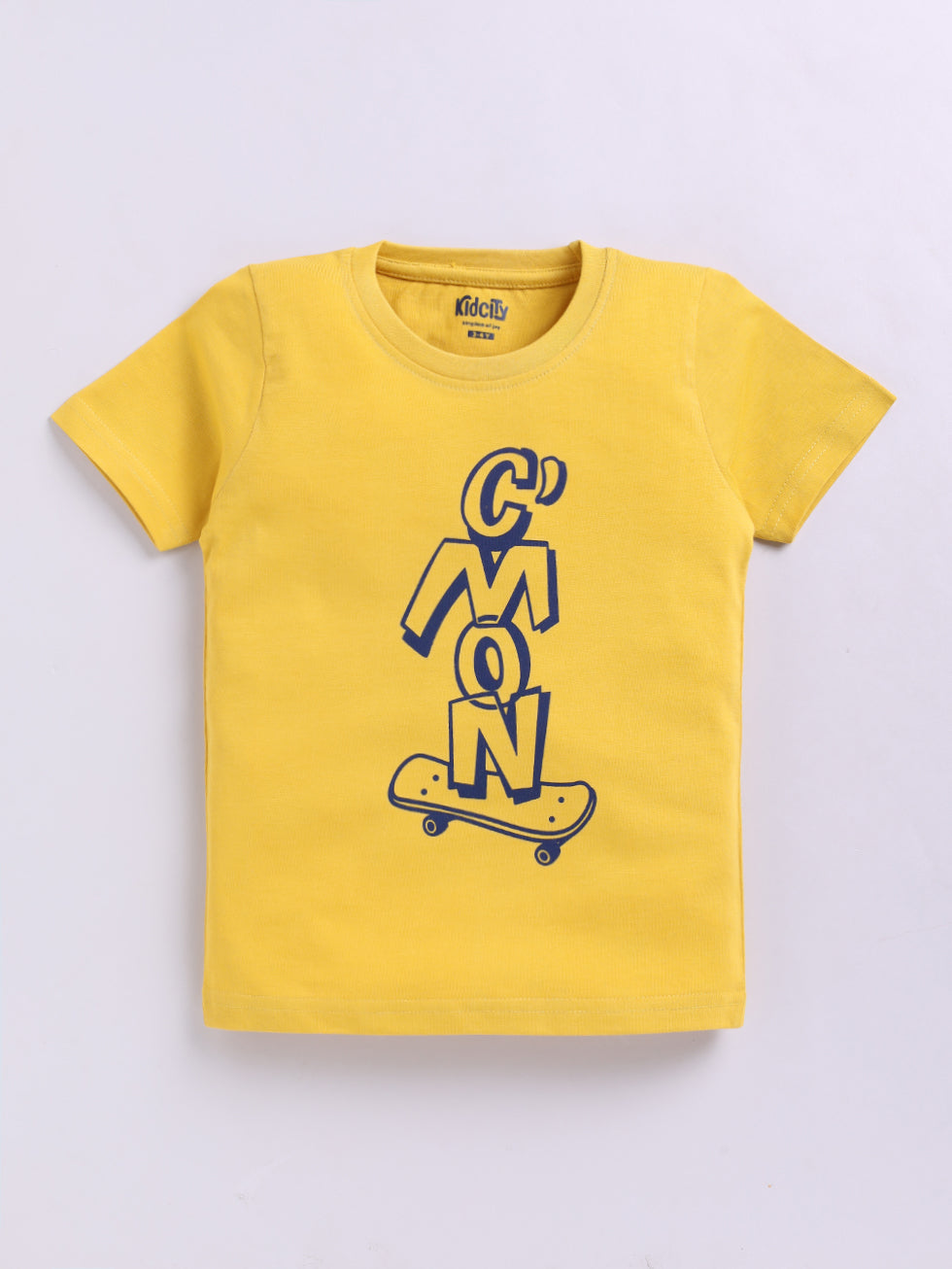 Kidcity Boys Cotton Sinker Text & Skateboard Graphic Half Sleeves T-Shirts - Mustard Front View
