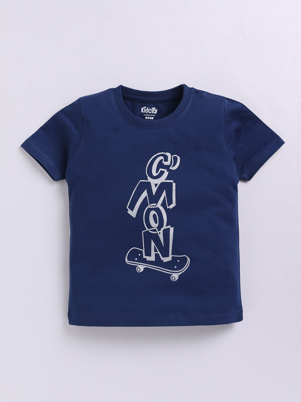 Kidcity Boys Cotton Sinker Text & Skateboard Graphic Half Sleeves T-Shirts - Navy  Front VIiew