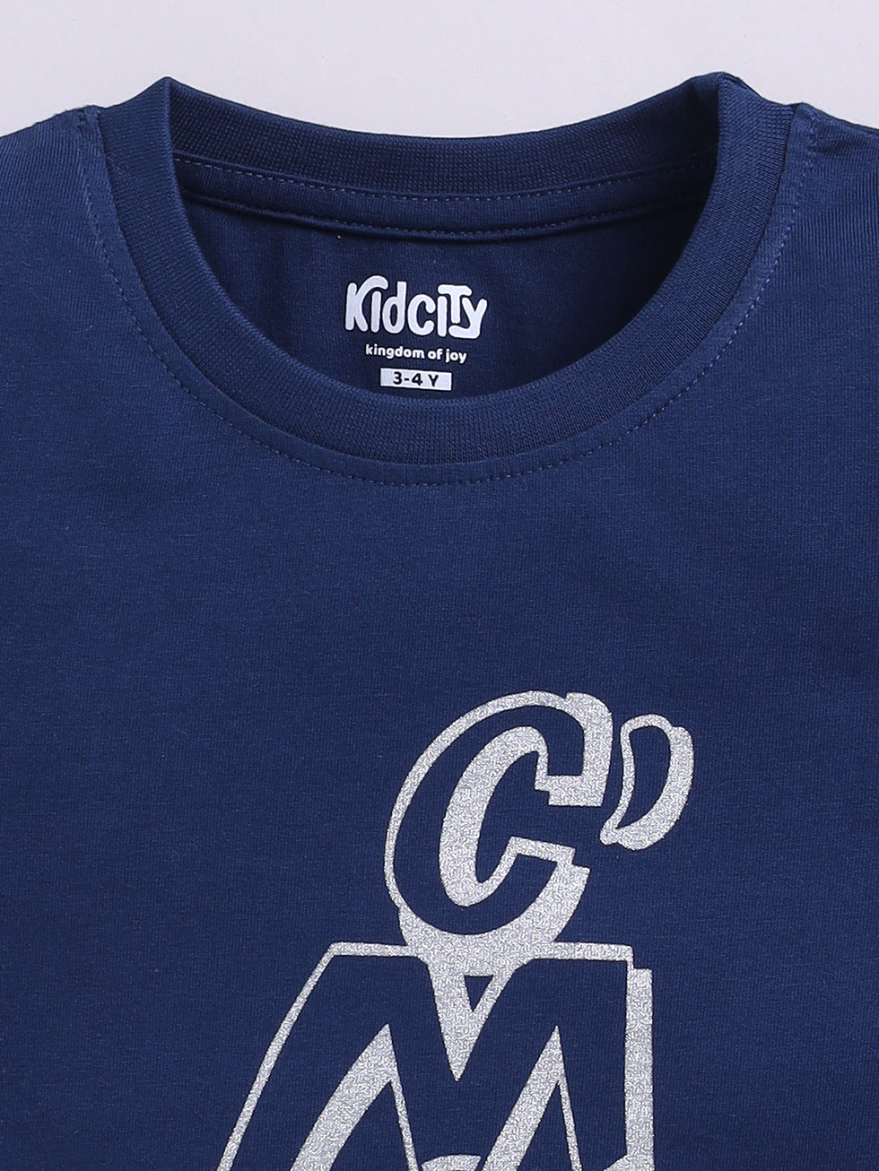 Kidcity Boys Cotton Sinker Text & Skateboard Graphic Half Sleeves T-Shirts - Navy Zoom View