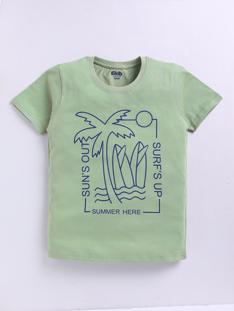 Kidcity Boys Cotton Sinker Text and Tree Graphic Half Sleeves T-Shirts - Light Green Front  View