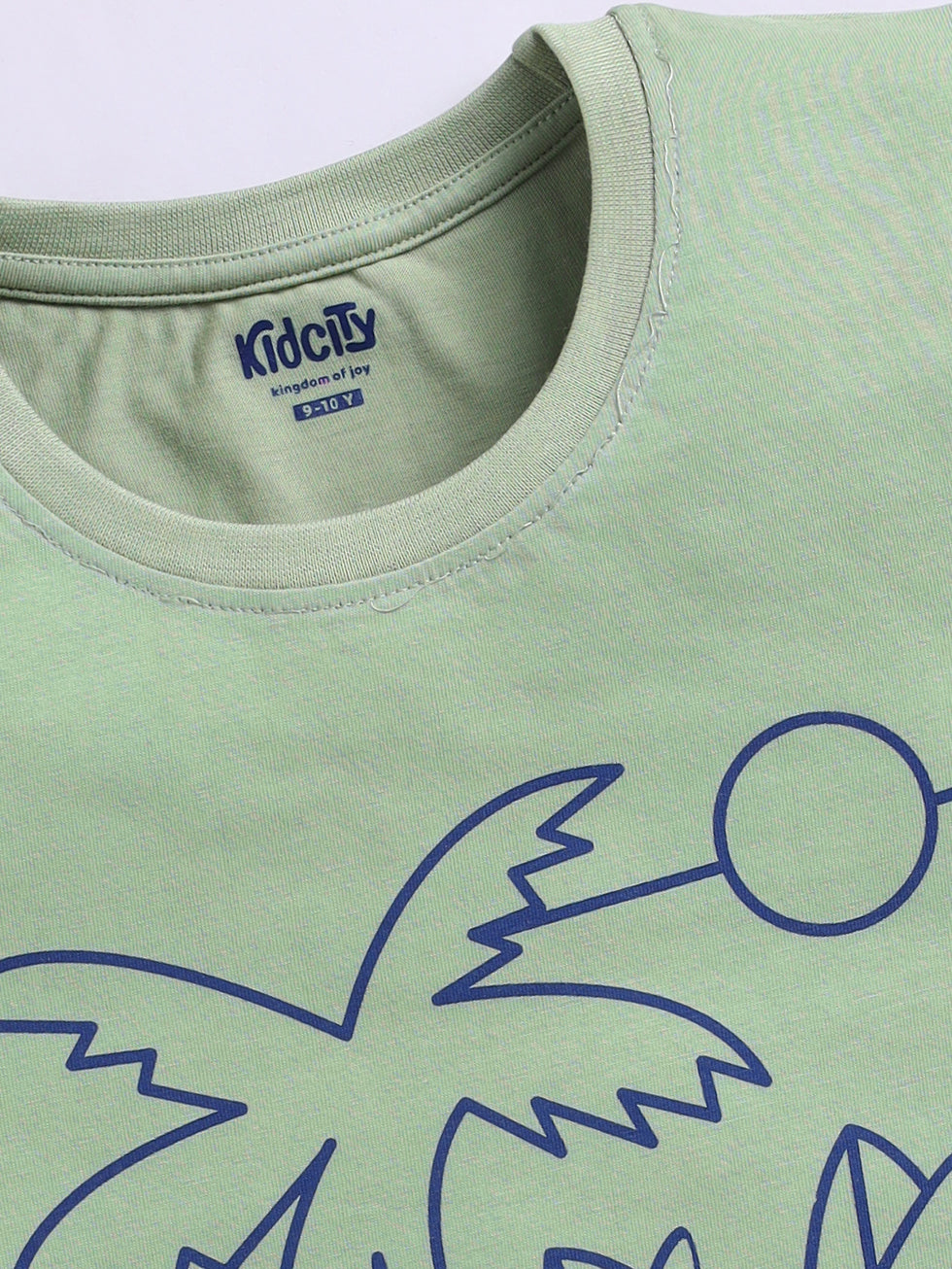 Kidcity Boys Cotton Sinker Text and Tree Graphic Half Sleeves T-Shirts - Light Green Zoom View