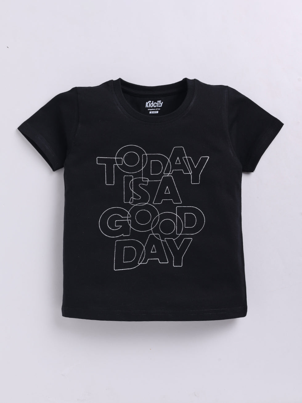Kidcity Boys Cotton Sinker Today is a Good Day Graphic Half Sleeves T-Shirts - Black Front View