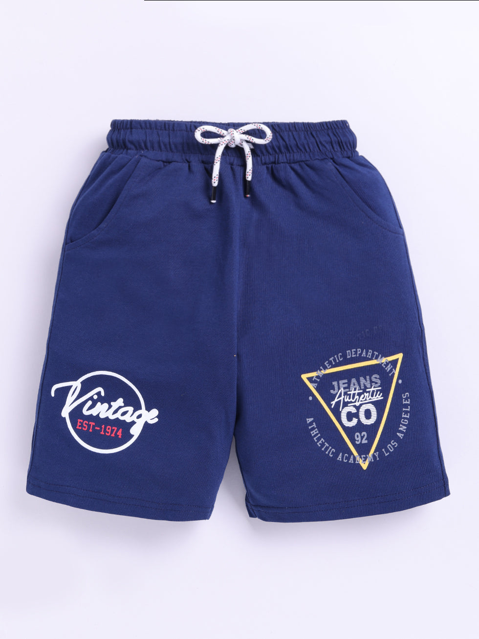 Kidcity Boys Cotton Sinker Vintage EST 1974 Text Print Shorts - Royal Blue Front View
