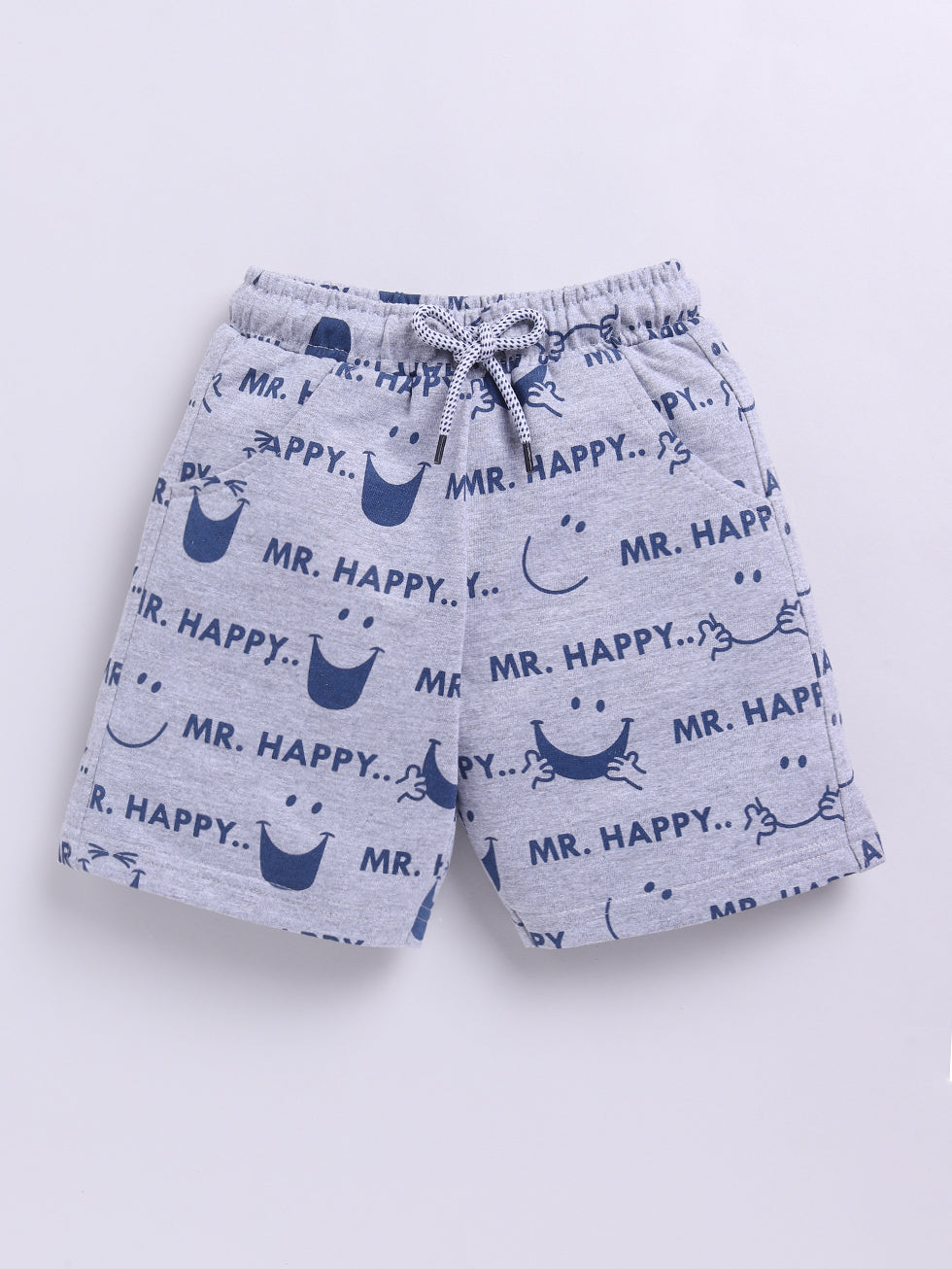 Kidcity Boys Soft Cotton Loopknit Smile Face and Text Print Shorts - Grey front view