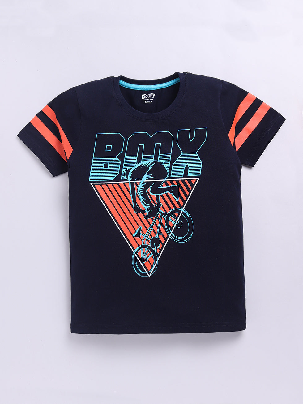 Kidcity Boys Soft Cotton Sinker BMX Graphic Print Half Sleeves T-Shirts - Navy Front VIew