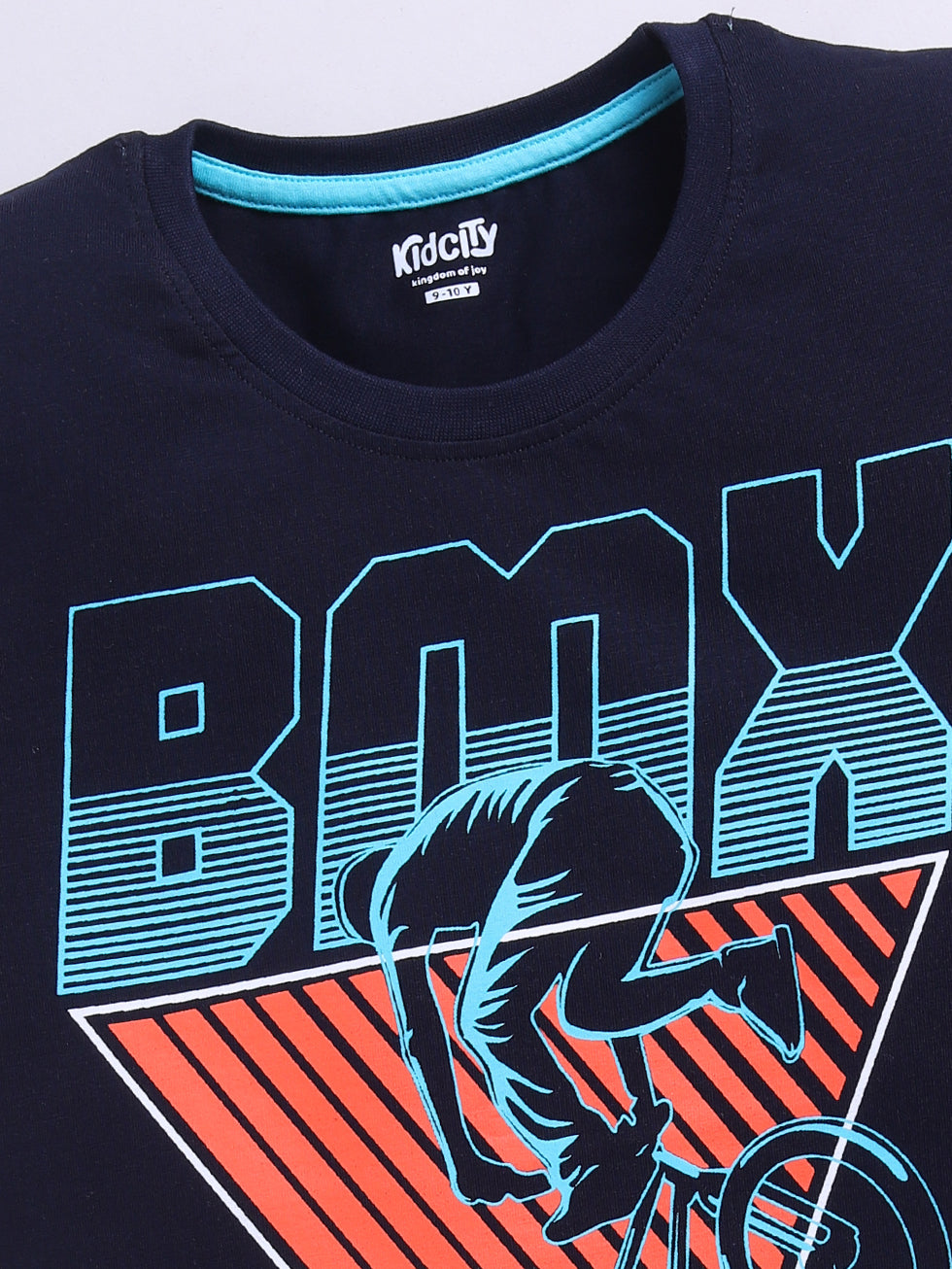 Kidcity Boys Soft Cotton Sinker BMX Graphic Print Half Sleeves T-Shirts - Navy Zoom VIew