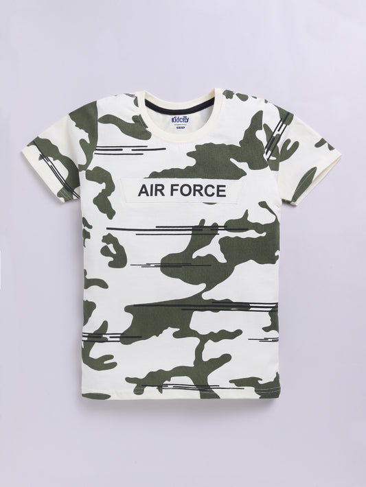 Kidcity Boys Soft Cotton Sinker Camouflage Print Half Sleeves T-Shirts - Cream Front View