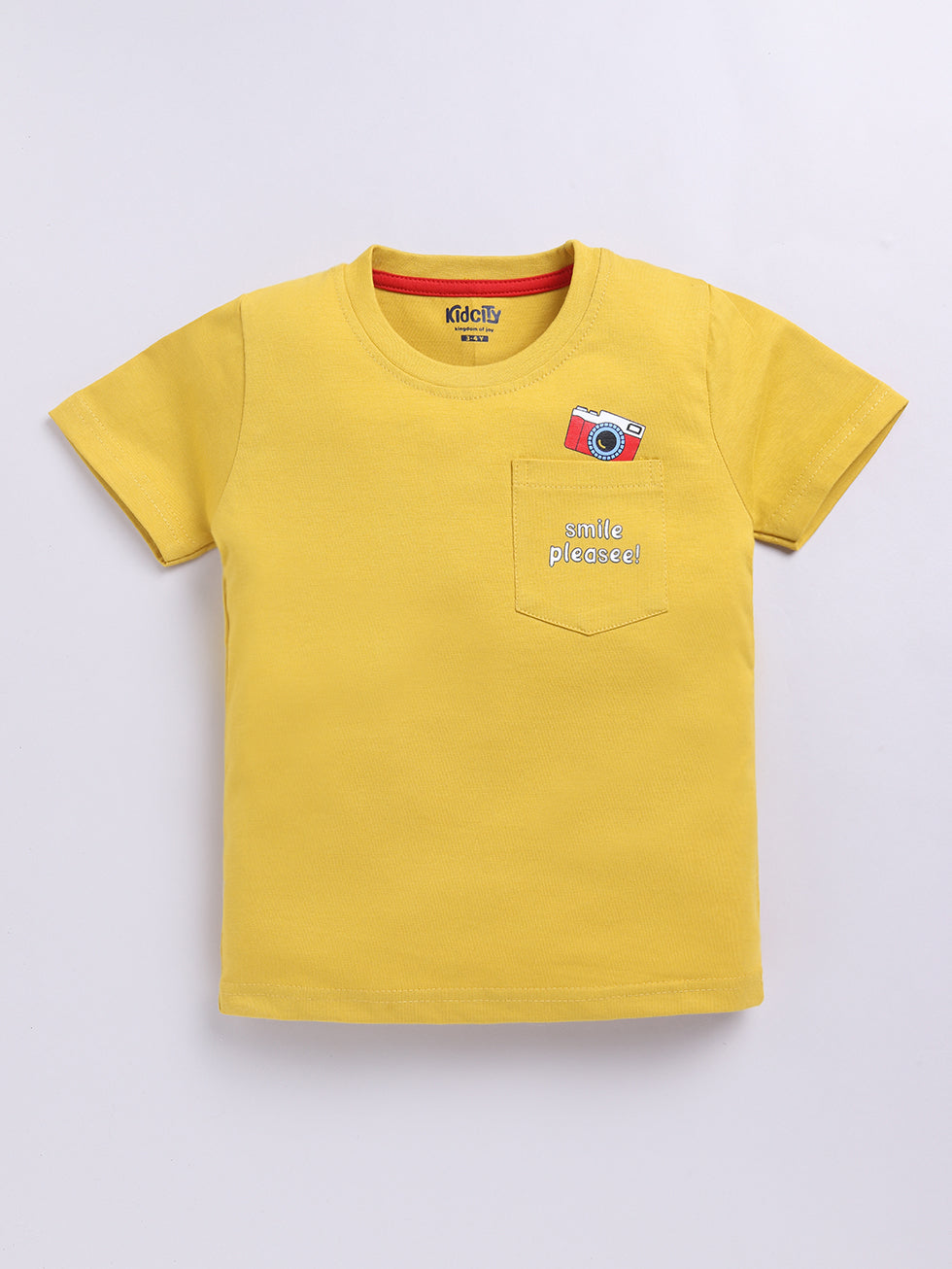 Kidcity Boys Soft Cotton Sinker Half Sleeve Camera & Text Print T-Shirts - Mustard front view