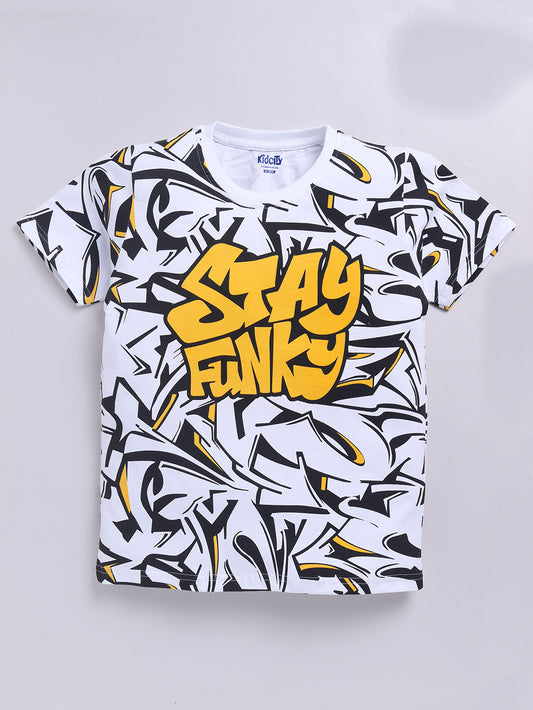 Kidcity Boys Soft Cotton Sinker Half Sleeve Graffiti-style graphics T-Shirts - White front view