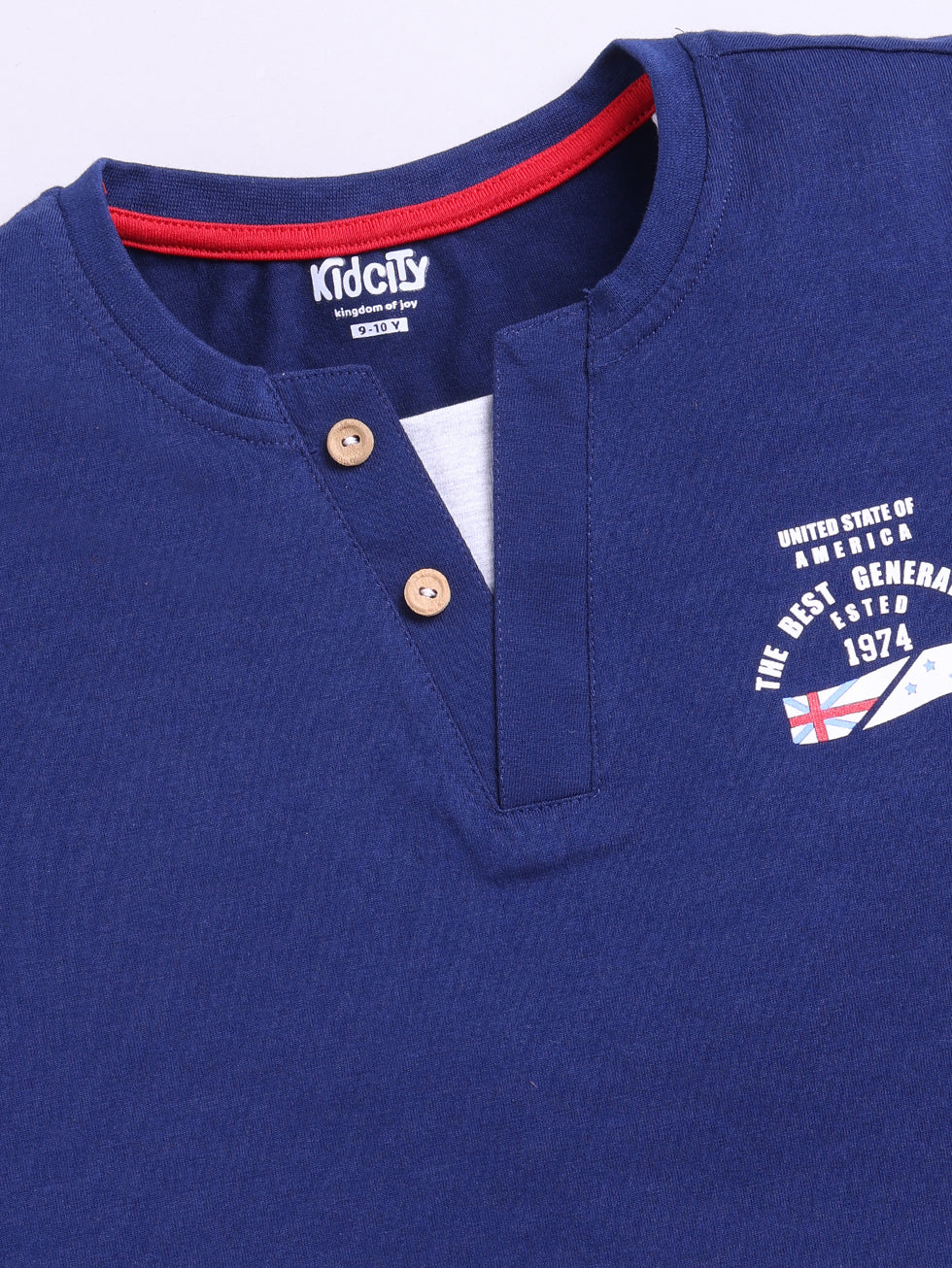 Kidcity Boys Soft Cotton Sinker Half Sleeve Henley Neck T-Shirts - Navy zoom view