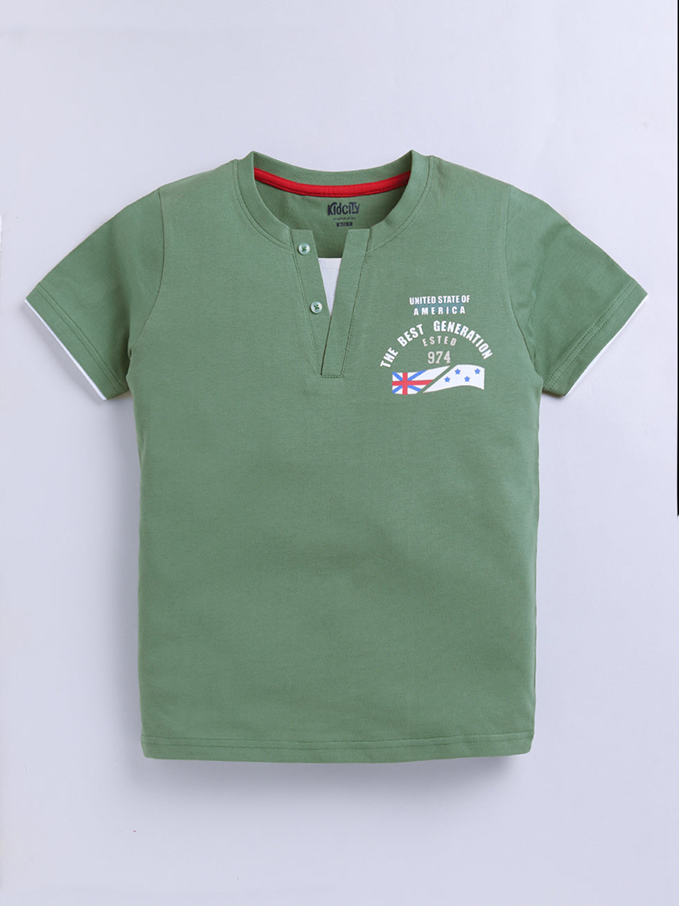 Kidcity Boys Soft Cotton Sinker Half Sleeve Henley Neck T-Shirts - Olive Green Front View