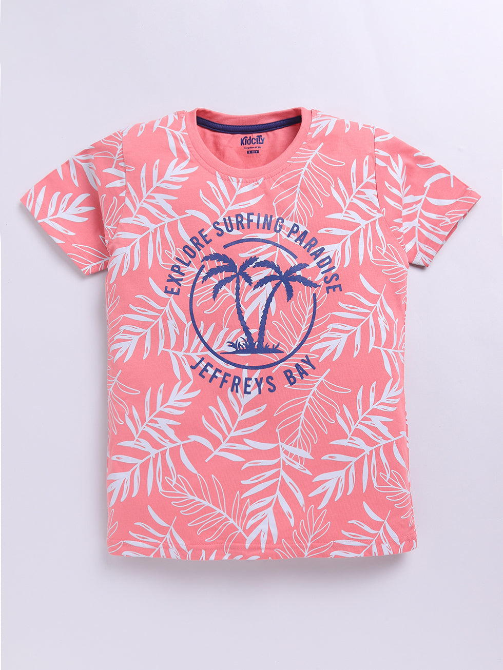 Kidcity Boys Soft Cotton Sinker Half Sleeve Leaf and Text Print T-Shirts - Peach Front View